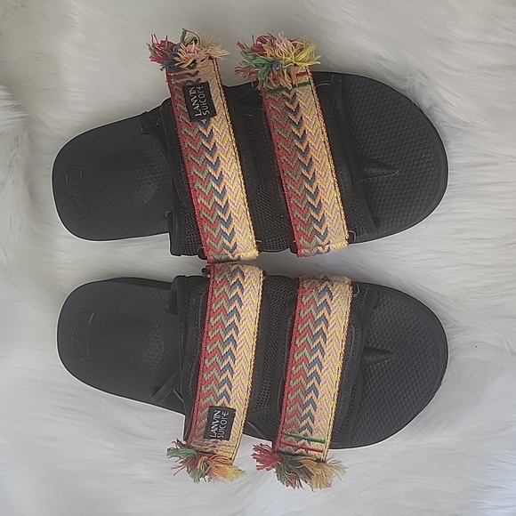 LANVIN SUICOKE Rainbow Embroidered Fringe Boho Platform Adjust Strap Sandals 7 - Picture 4 of 13